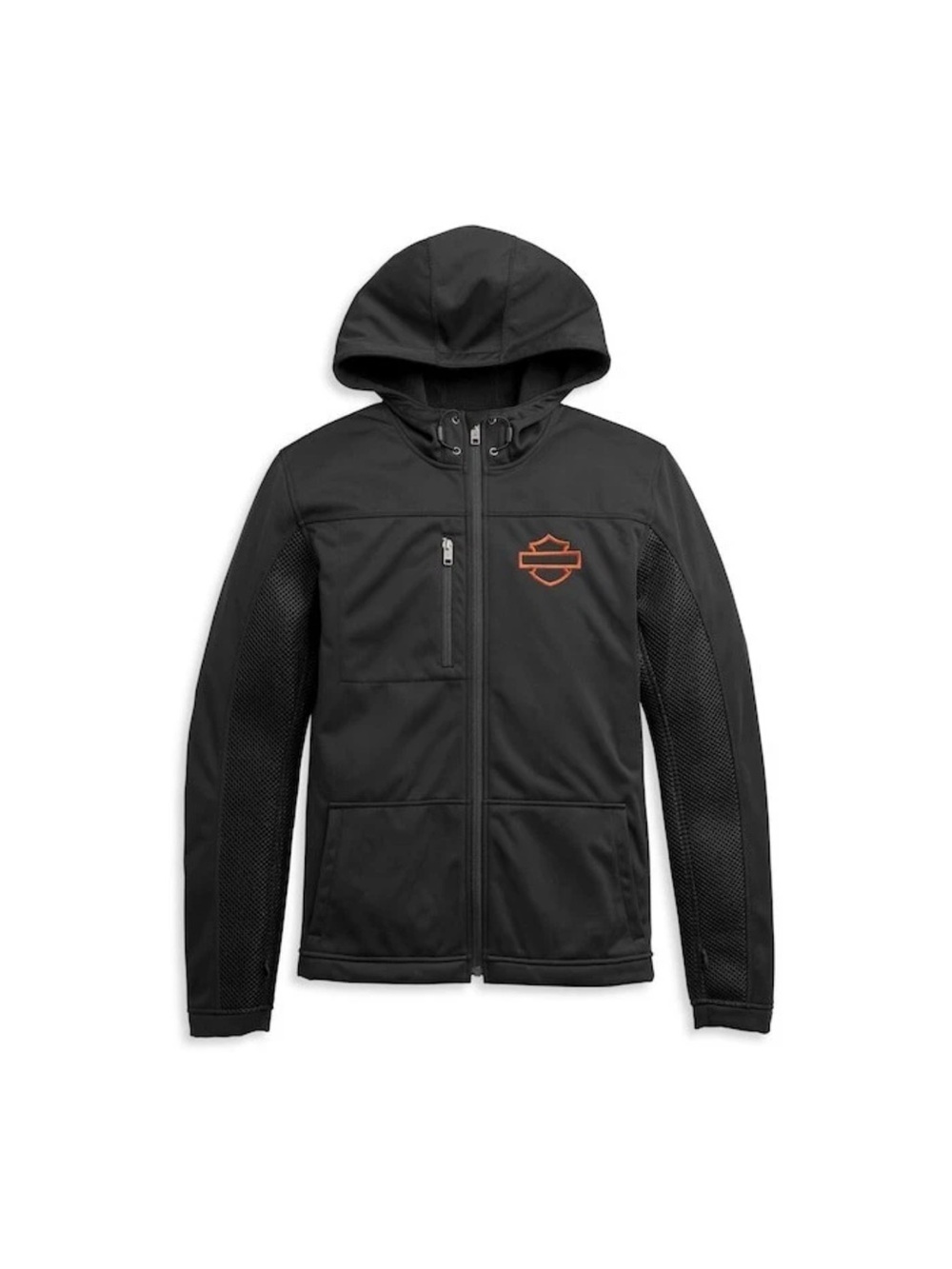 NWOT Men’s Harley-Davidson Black Hooded Zip Jacket with Orange Logo. Medium